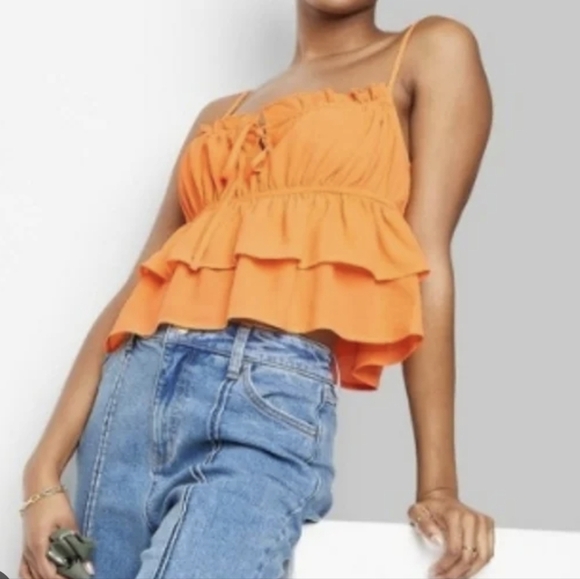 Wild Fable vibrant orange sleeveless tiered ruffle camisole cropped blouse - Picture 2 of 7